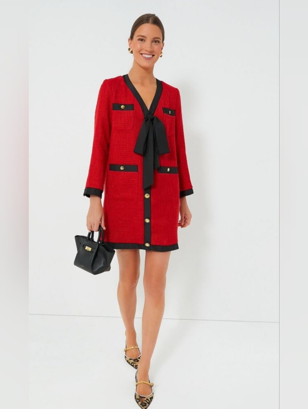 Pomander Place Red Tweed Bow-Tie Blazer Dress with Black Trim